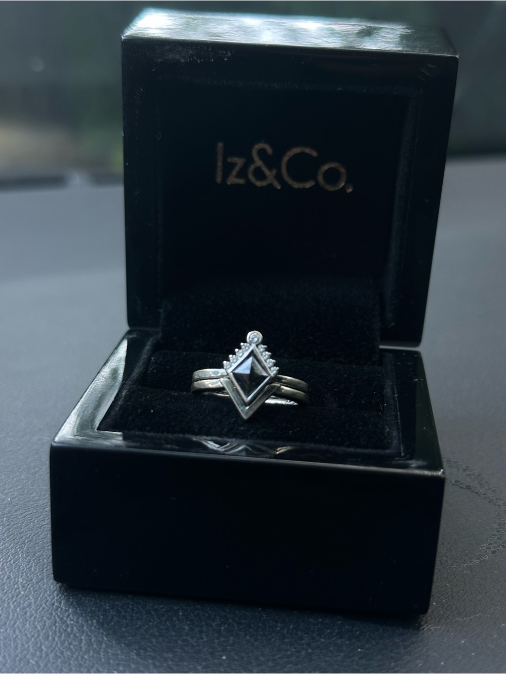 iz & co. Ophelia 14k gold Ring Stack with Black Pyramid Diamond
